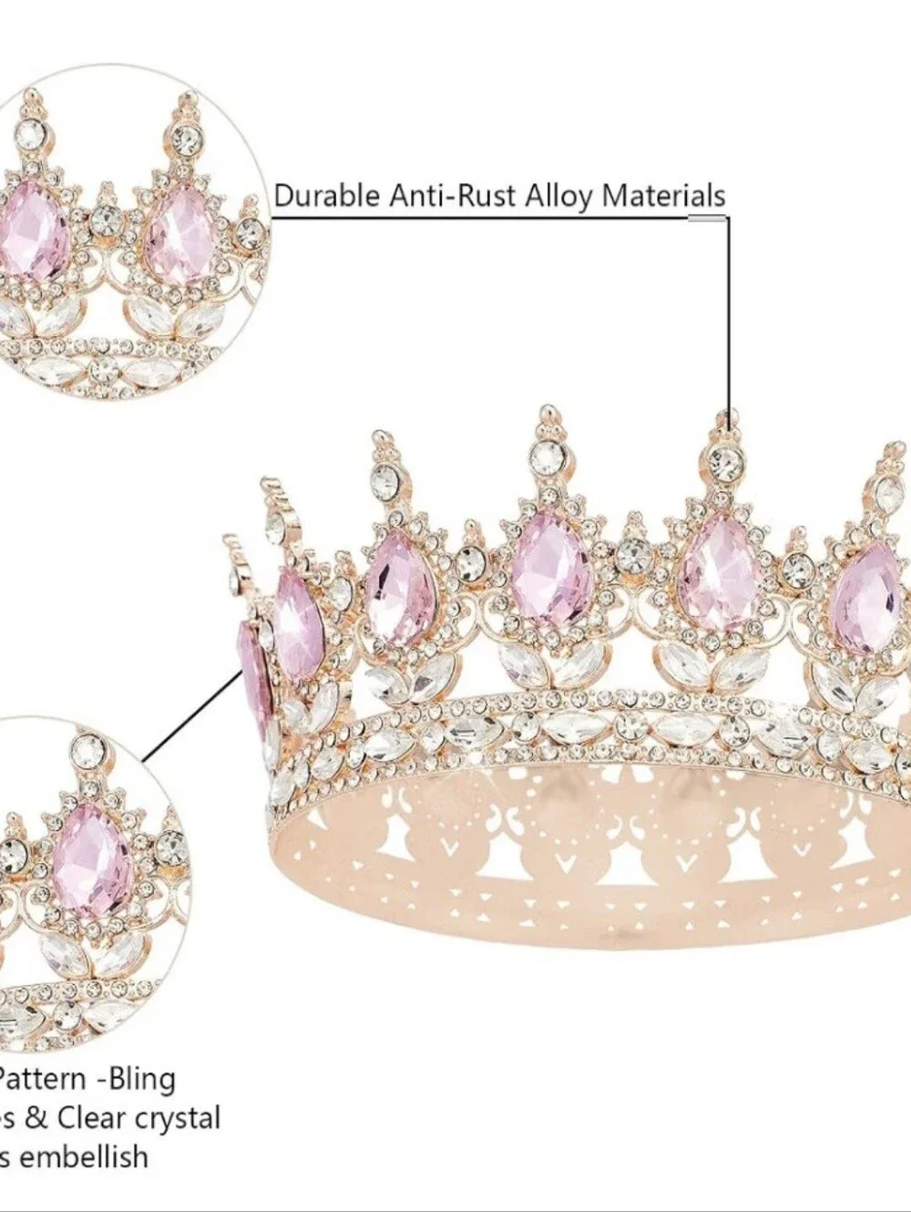 Rose Gold Pink Gemstone Tiara Crown - Women Accessories